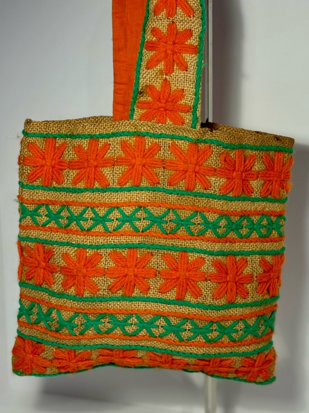Embroidered Orange & Green Floral Tote Bag
